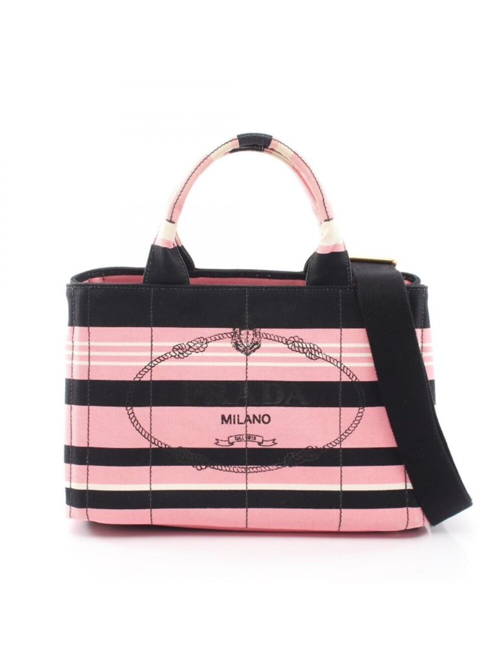 Prada Tote Canapa Righe 2-Way Pink Black Canvas